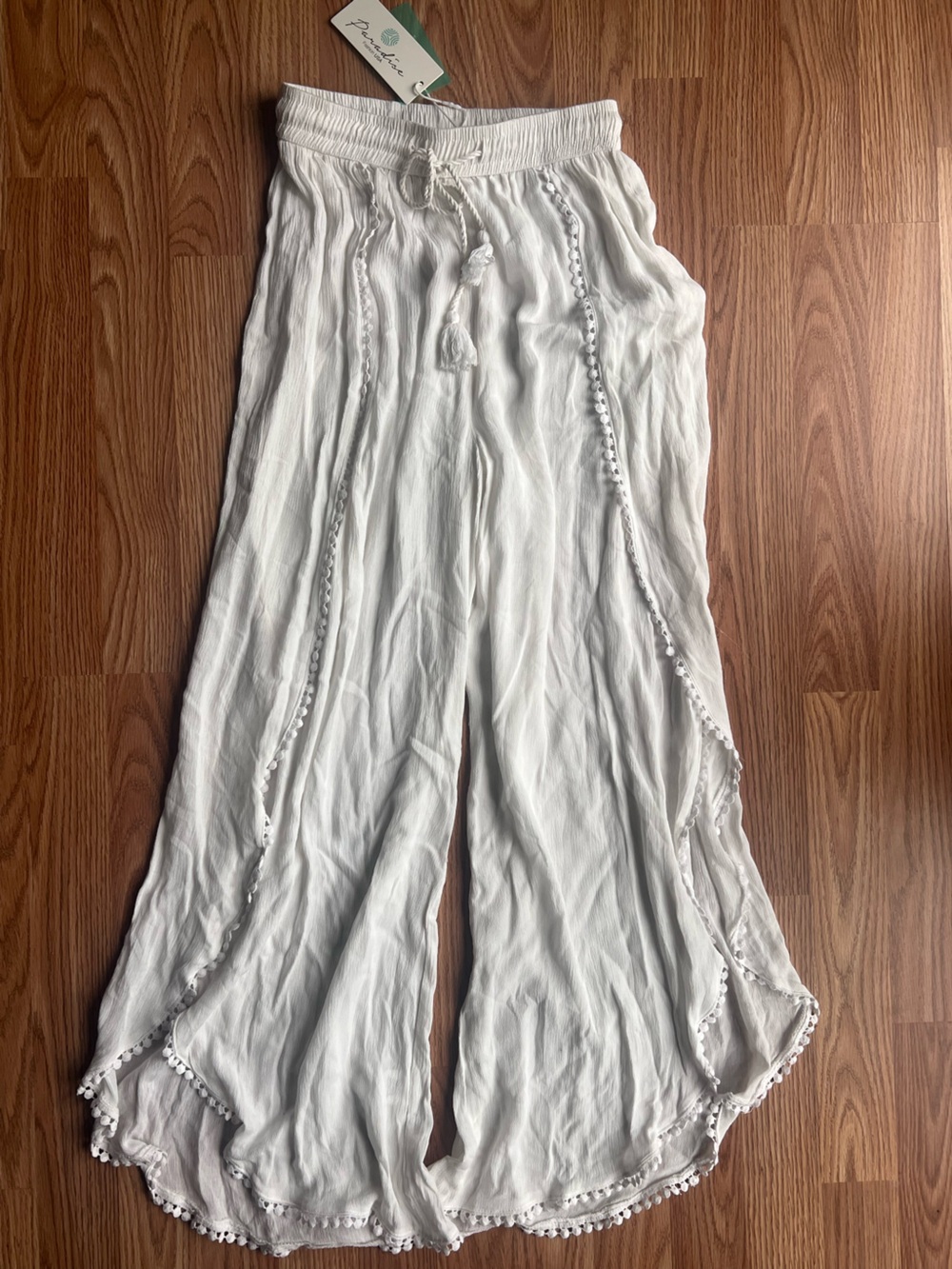 Paradise White Boho Pom Trim Pants - Small